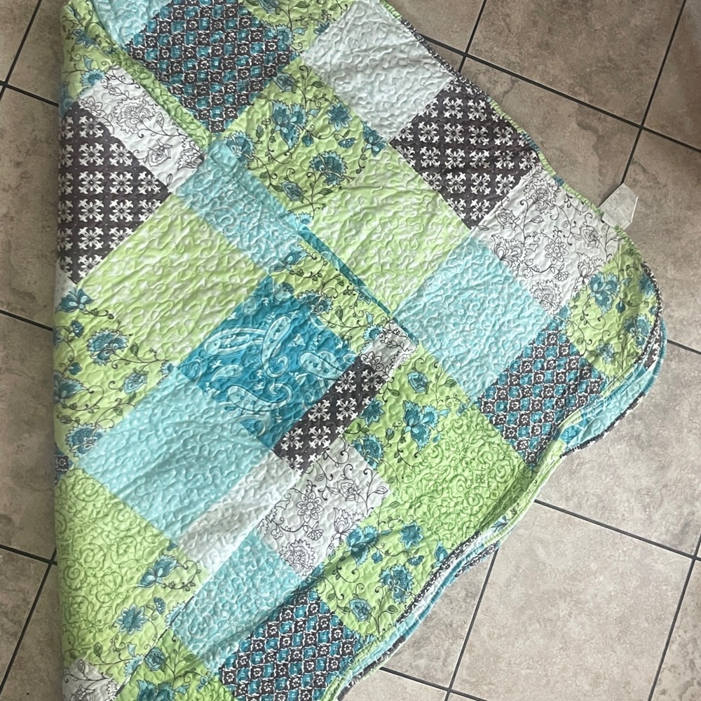 Patchwork Quilt with Blue and Green Accents